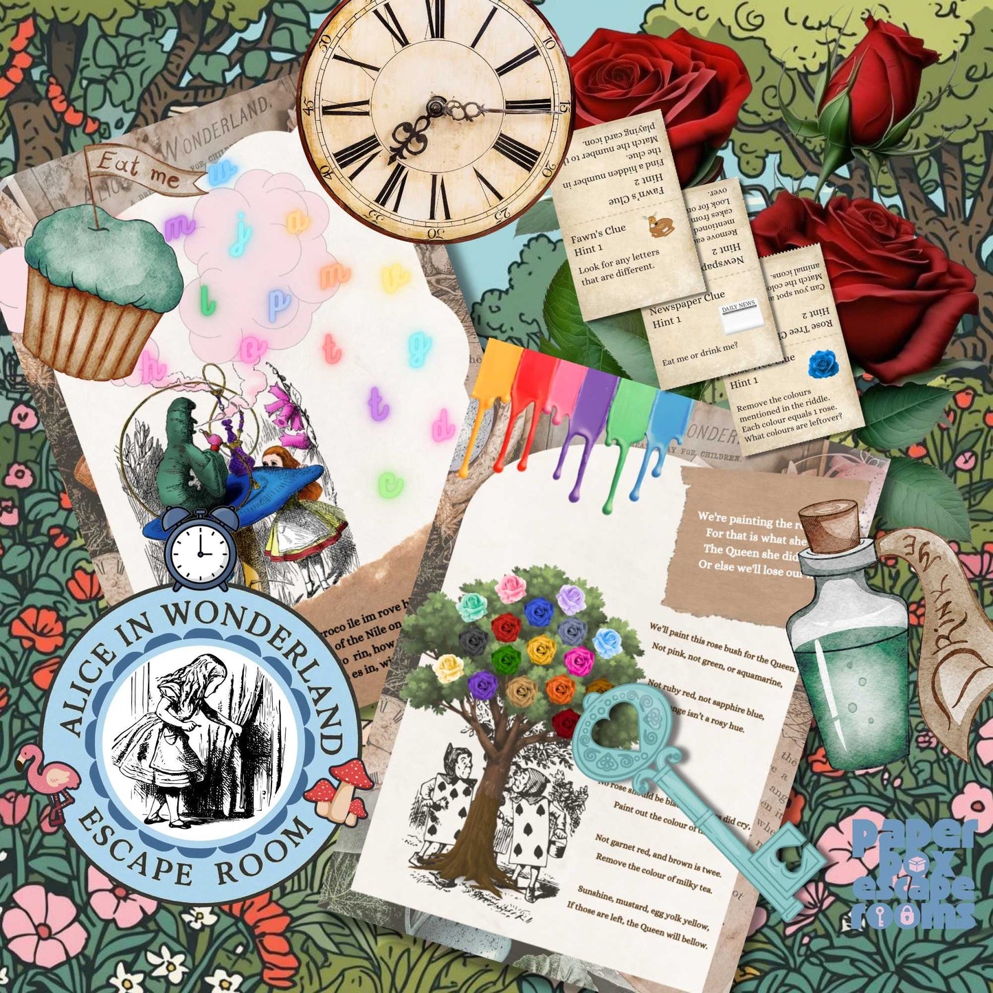 Collage of Alice in Wonderland-themed escape room clues including a clock, roses, and a key on a decorative Wonderland style background.