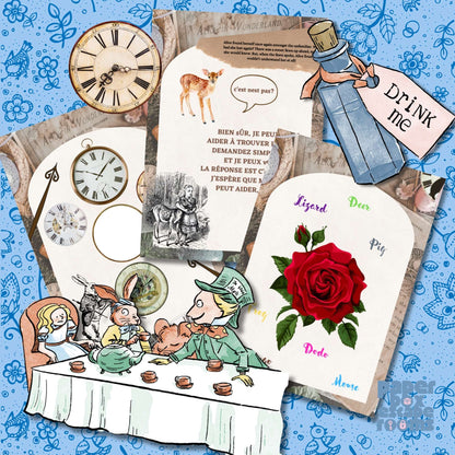 Alice in Wonderland escape room riddle puzzle card printable, and Mad Hatter characters on theme