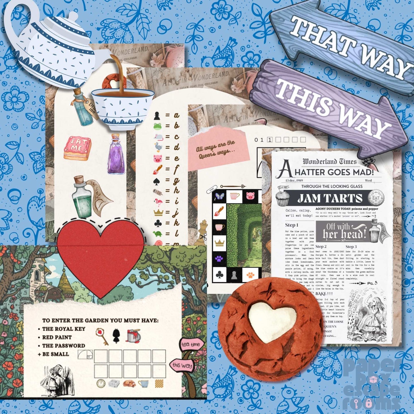 alice in wonderland escape room printable clues preview with signs, tea, and hearts