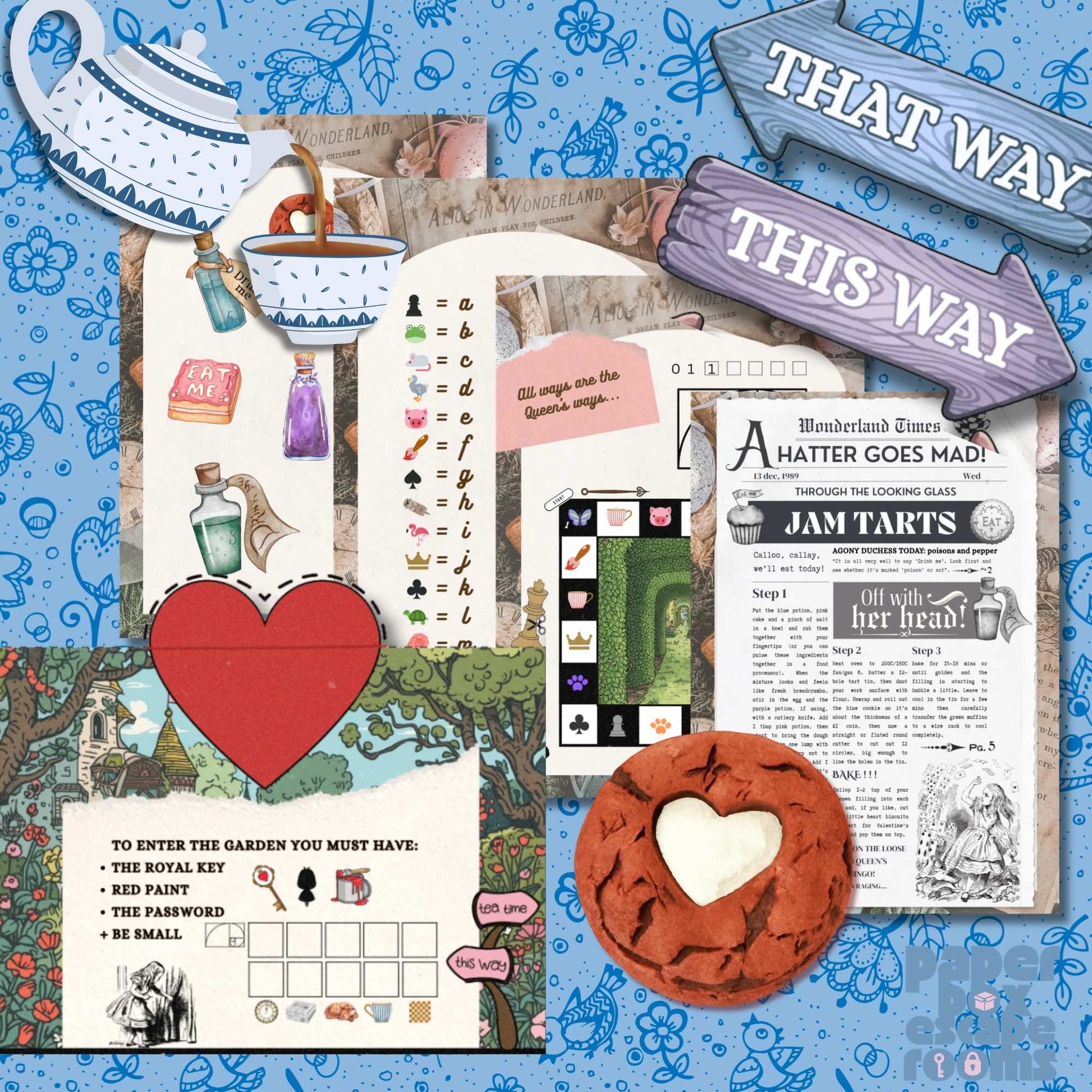 alice in wonderland escape room printable clues preview with signs, tea, and hearts