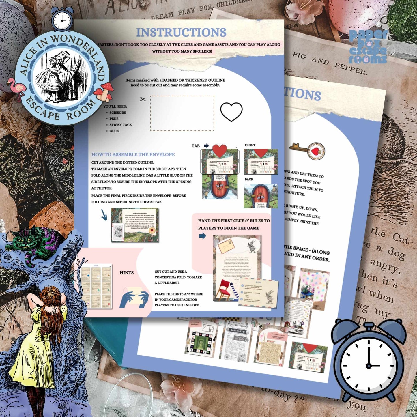 Instructions for an 'Alice in Wonderland' escape room game on a textured background with illustrations and text.