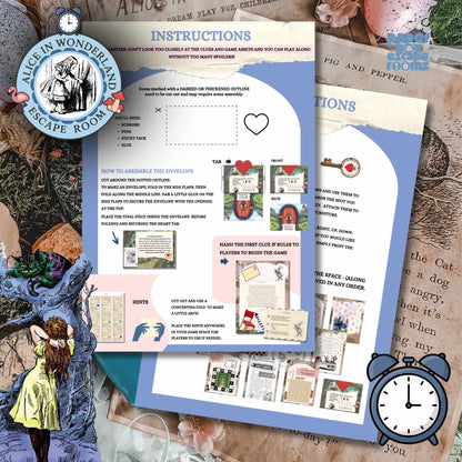 Instructions for an 'Alice in Wonderland' escape room game on a textured background with illustrations and text.