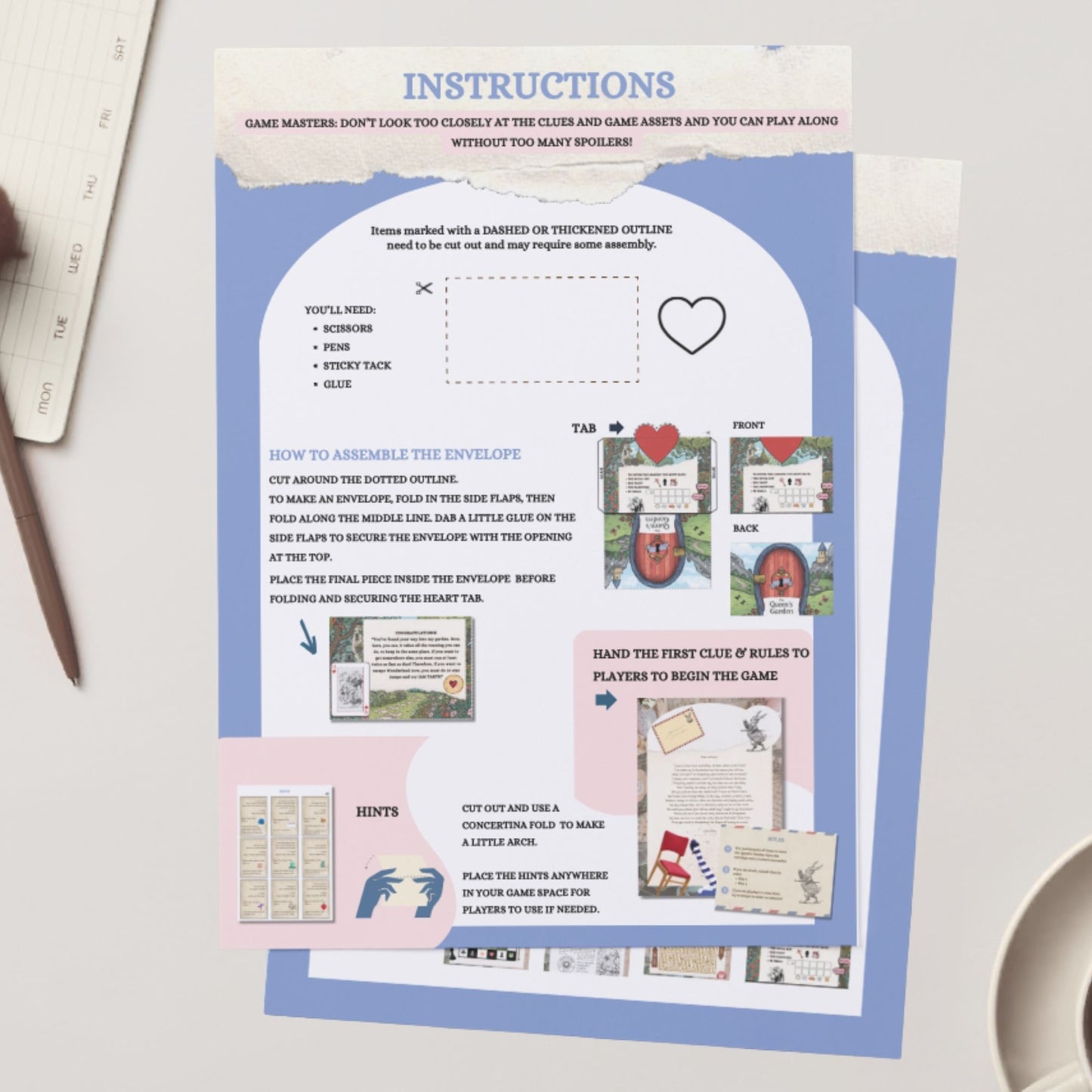 Instructions for assembling Alice in Wonderland escape room printable kit.