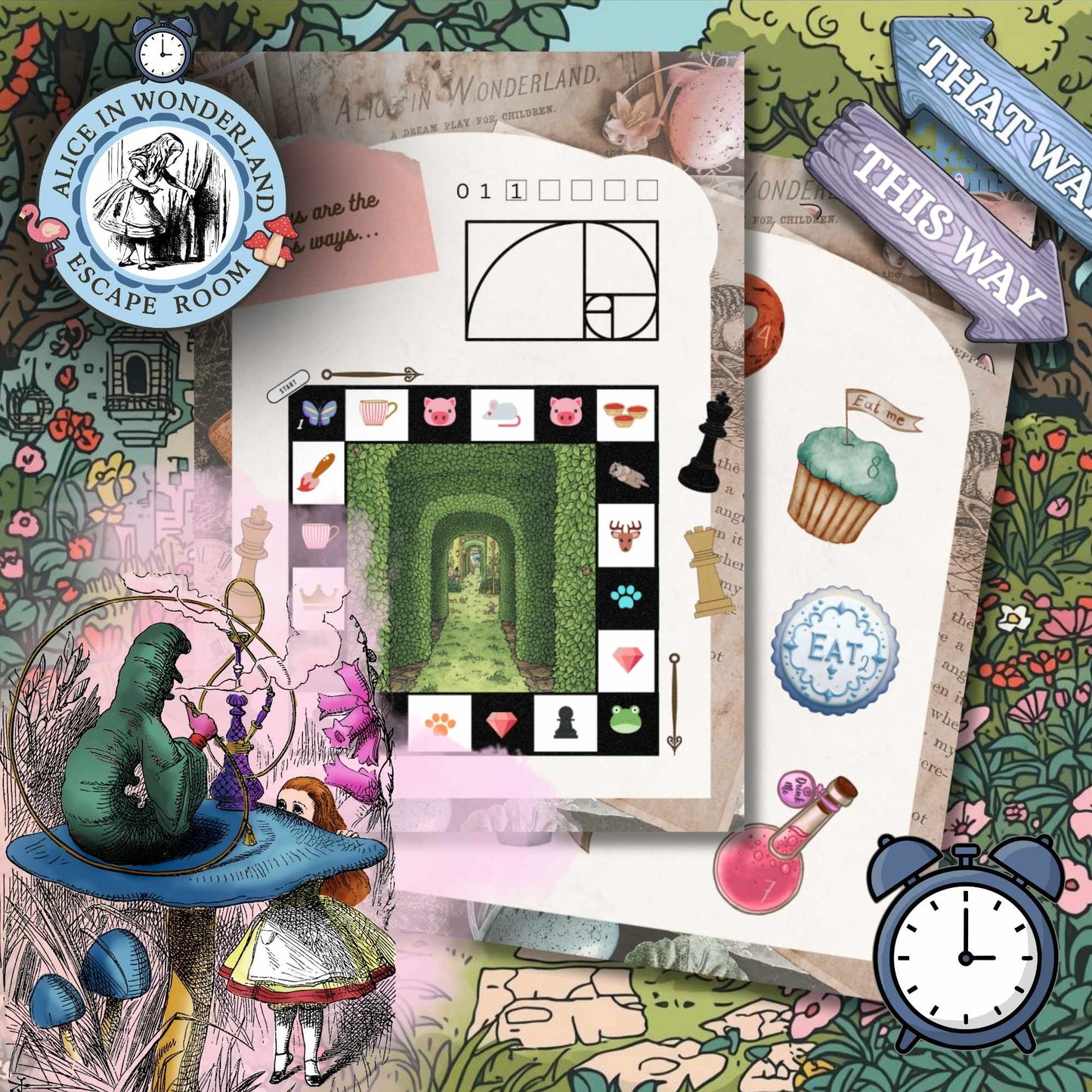Clues close up. Colour-coded clues from the Alice in Wonderland printable escape room PDF