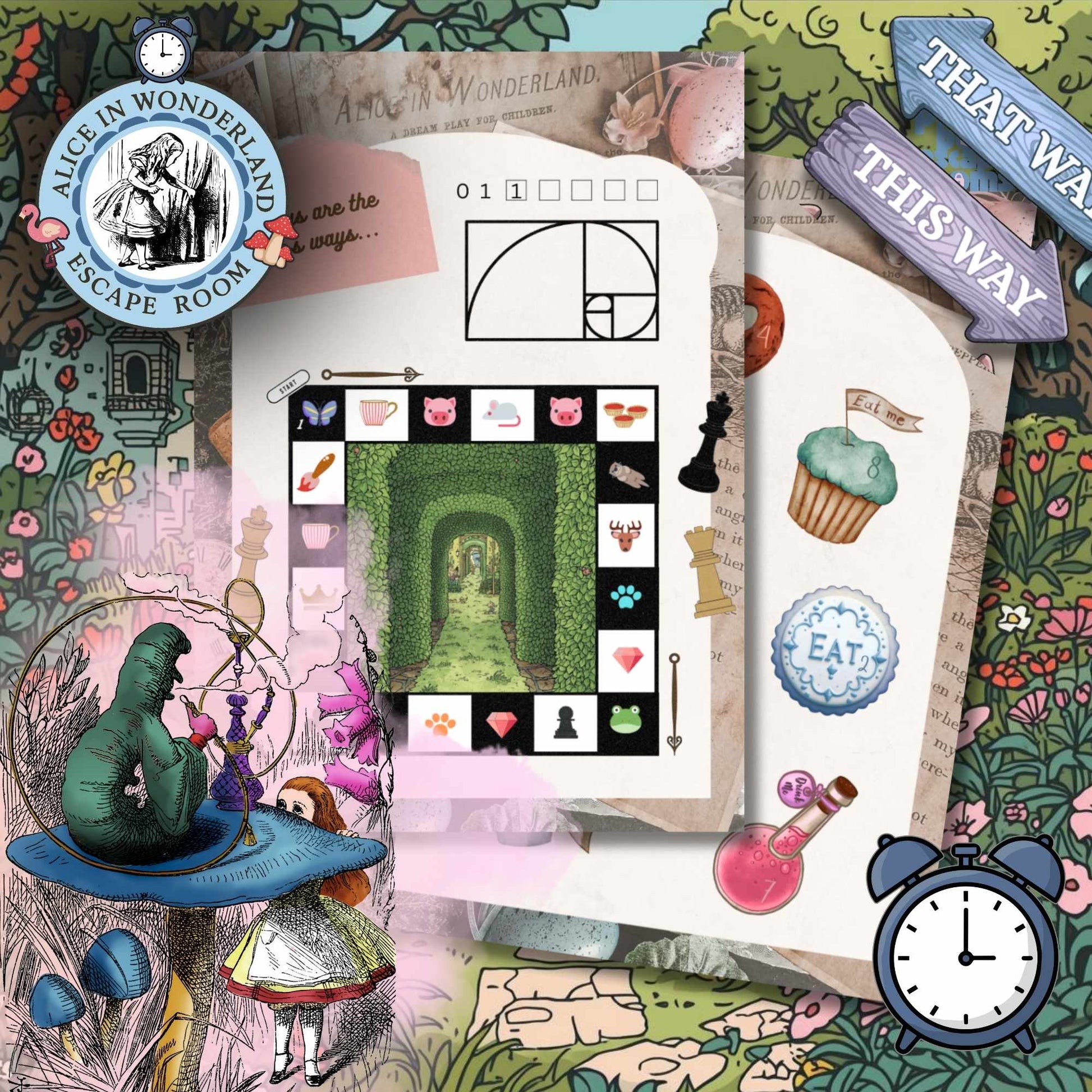 Clues close up. Colour-coded clues from the Alice in Wonderland printable escape room PDF