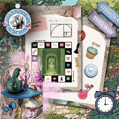 Clues close up. Colour-coded clues from the Alice in Wonderland printable escape room PDF
