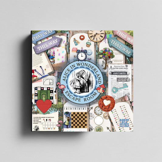 Alice in Wonderland escape room set up kit preview for a birthday party