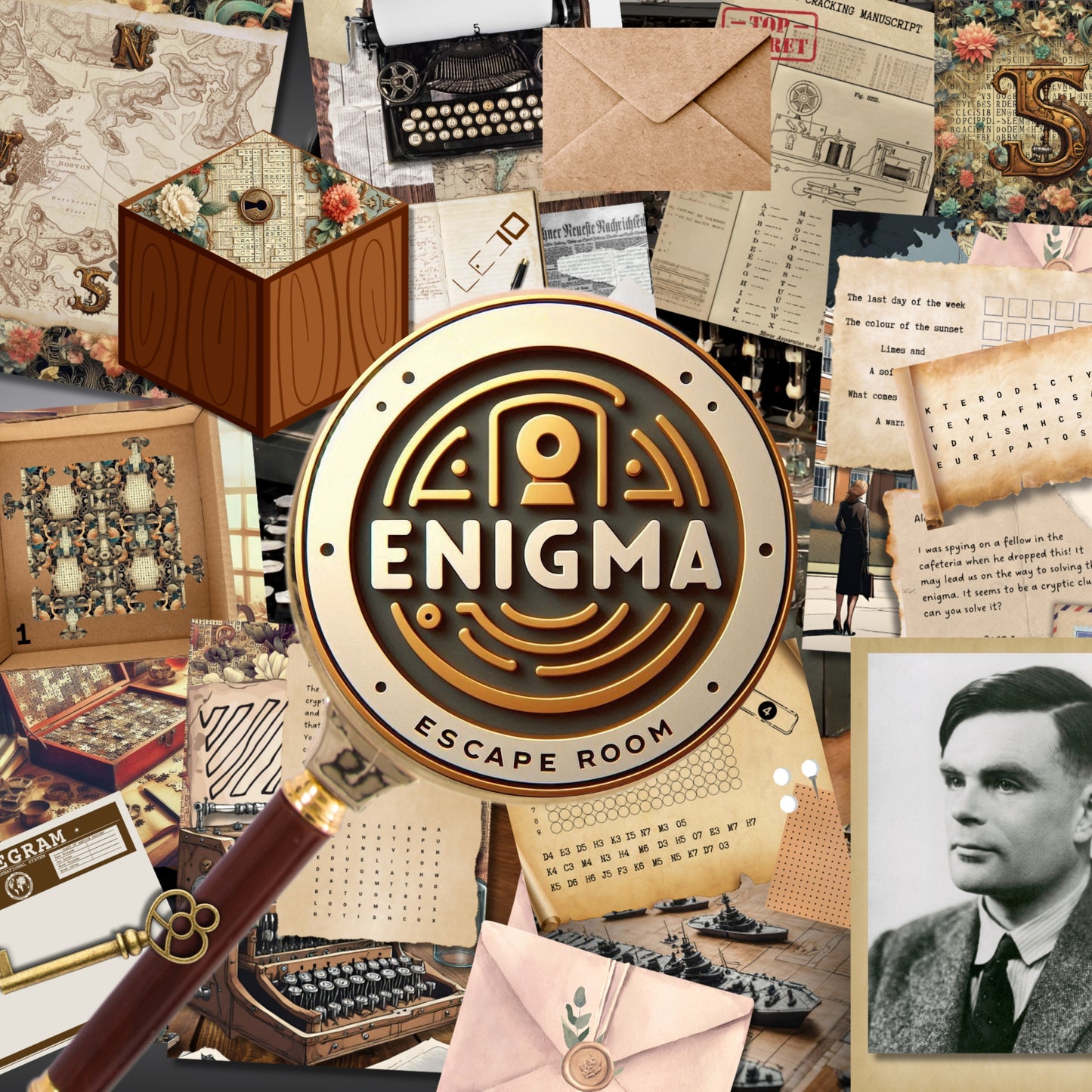 Collage with 'Enigma Escape Room' logo and vintage items like typewriters and maps.