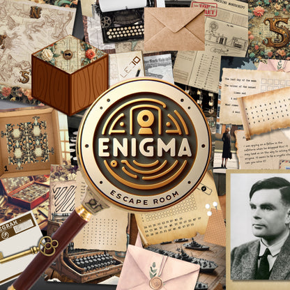 Collage with 'Enigma Escape Room' logo and vintage items like typewriters and maps.