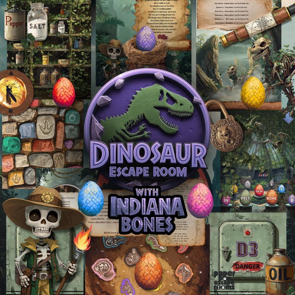 Dinosaur Escape Room with Indiana Bones product image downloadable printable pdf clues and puzzles