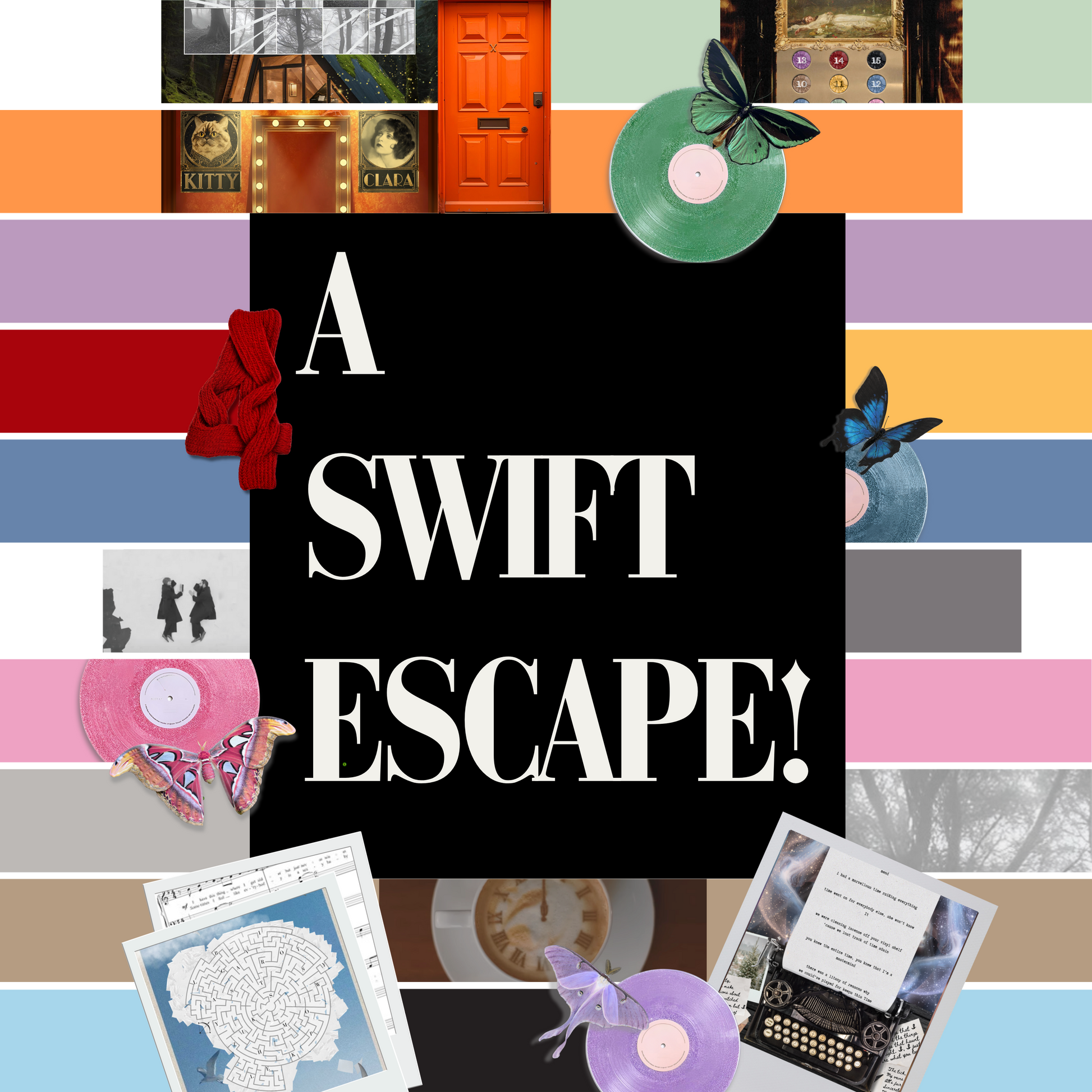 Printable escape room preview with 'A Swift Escape!' surrounded by various objects on a multicoloured striped eras tour background.