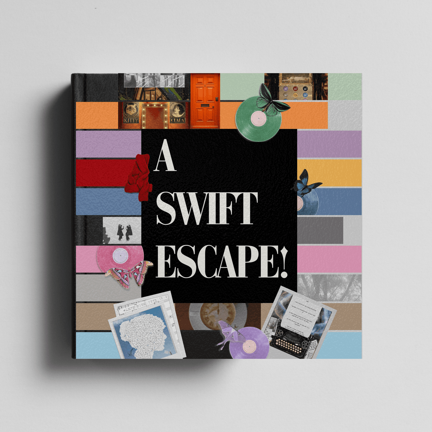 escape room promotional preview of 'A Swift Escape!' with colourful eras tour collage design on a gray background
