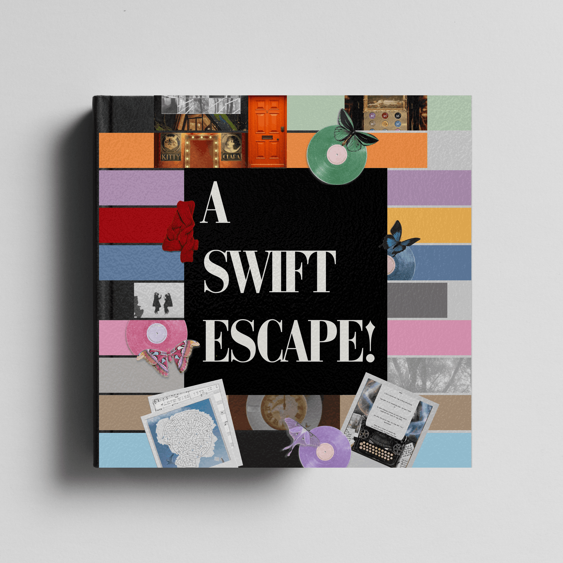 escape room promotional preview of 'A Swift Escape!' with colourful eras tour collage design on a gray background