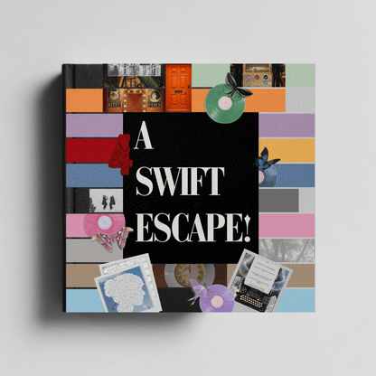escape room promotional preview of 'A Swift Escape!' with colourful eras tour collage design on a gray background