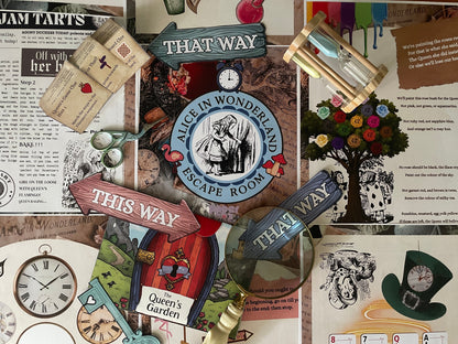 A collage-style decorative scene featuring Alice in Wonderland themed elements, including a central round sign reading 'Alice in Wonderland Escape Room,' directional wooden signs saying 'This Way' and 'That Way,' a tree with colorful flowers, clocks, newspaper clippings, buttons, ribbons, and other themed props arranged together.