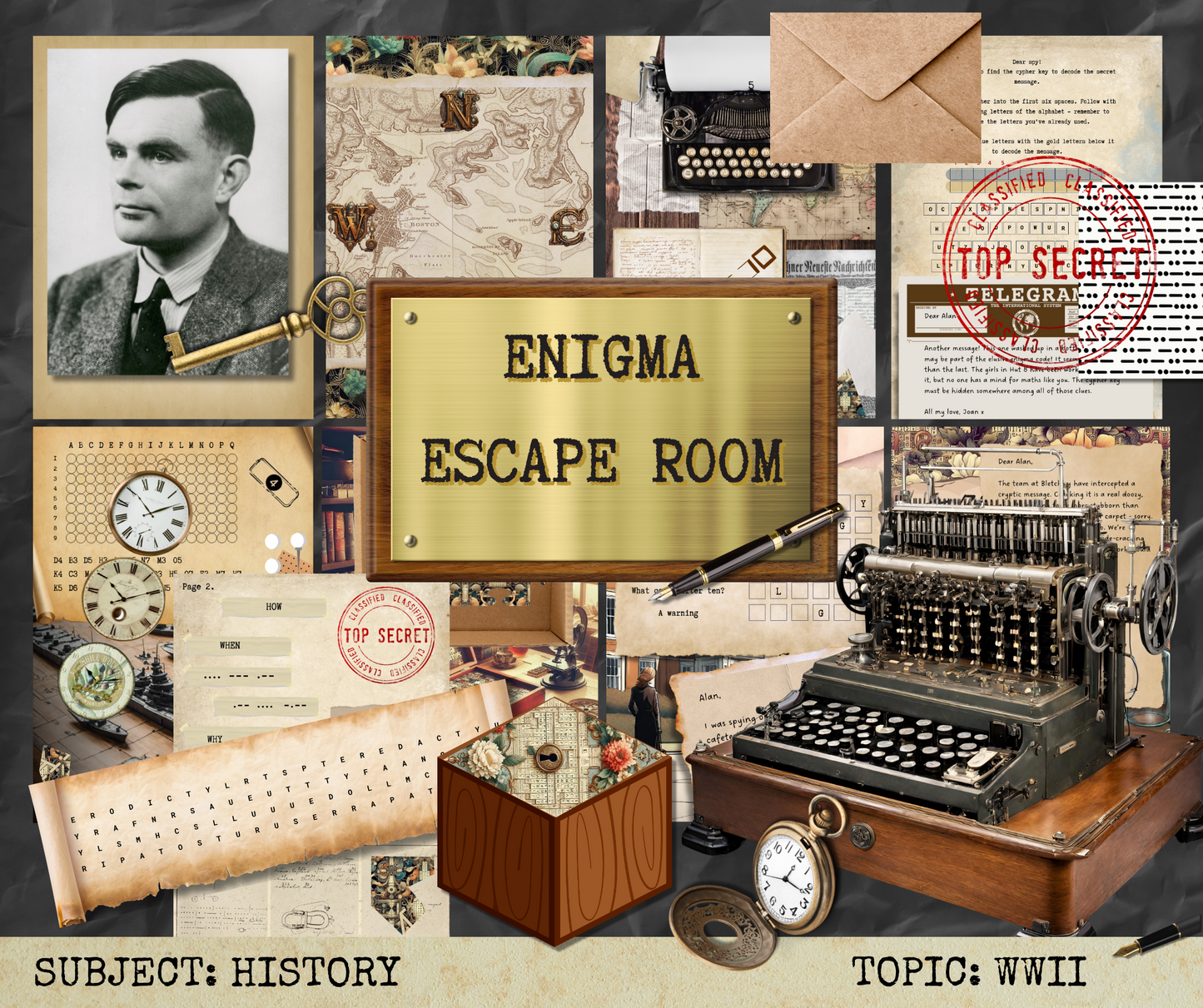 Enigma Escape Room Alan Turing Codebreaker - Escape Room Printable - WWII History Game