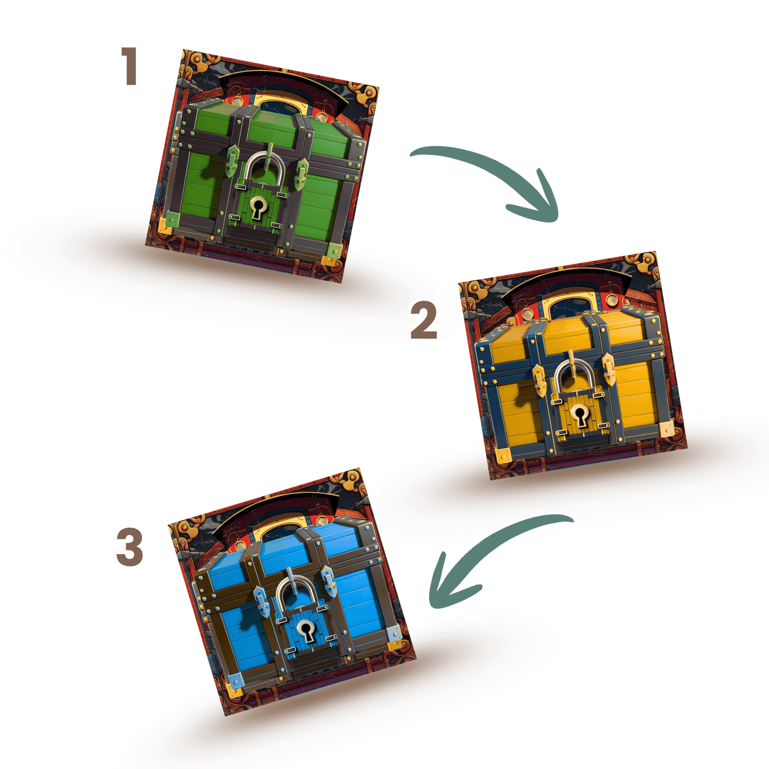 Three stages of a puzzle lock mechanism with different colored panels.