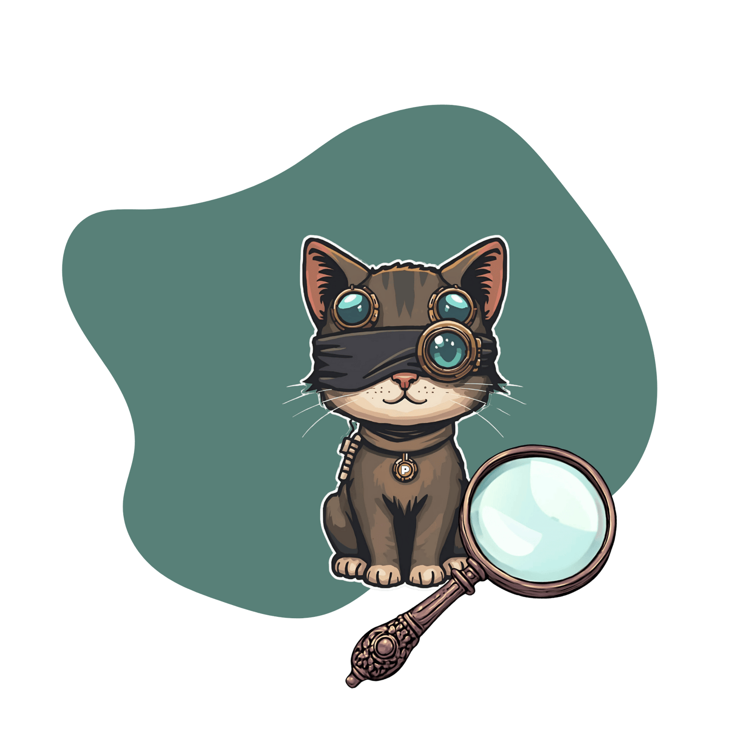 paperbox escape room steampunk cat mascot. Illustration of a cat with goggles and a magnifying glass on a green background